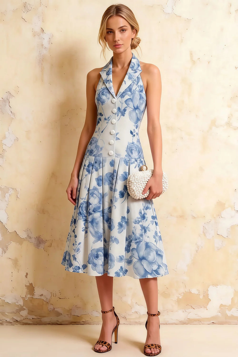 Vestido midi Harper de escote de pico floral azul y blanco con corte en la cintura Imagen principal del producto