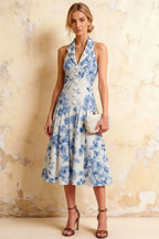 Harper Blue and White Floral V Neck Midi Dress with Drop Waist