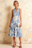 Harper Blue and White Floral V Neck Midi Dress with Drop Waist