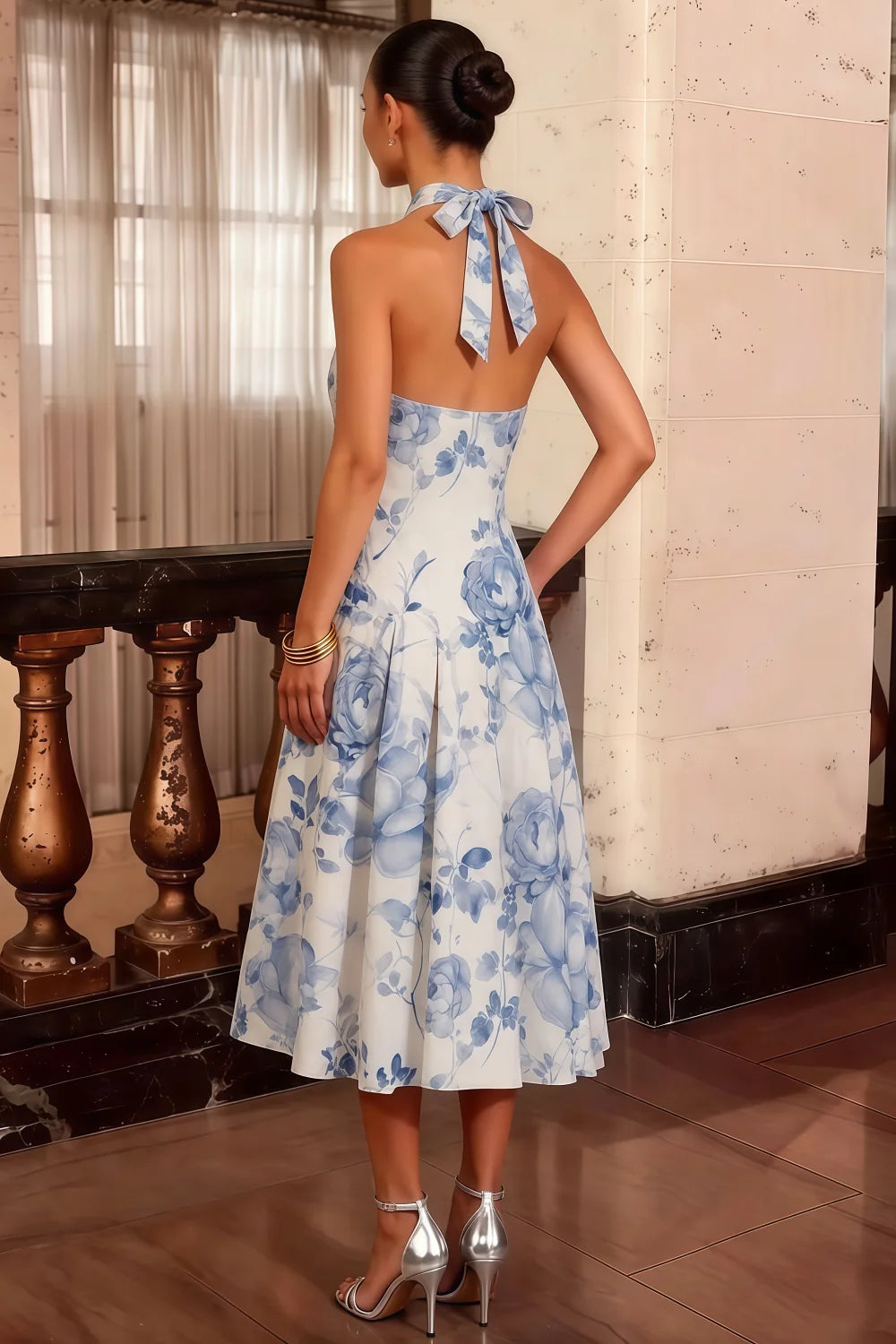 Harper Blue and White Floral V Neck Midi Dress with Drop Waist
