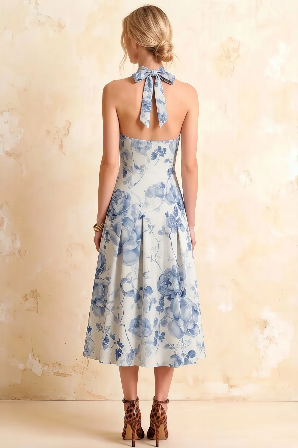 Harper Blue and White Floral V Neck Midi Dress with Drop Waist