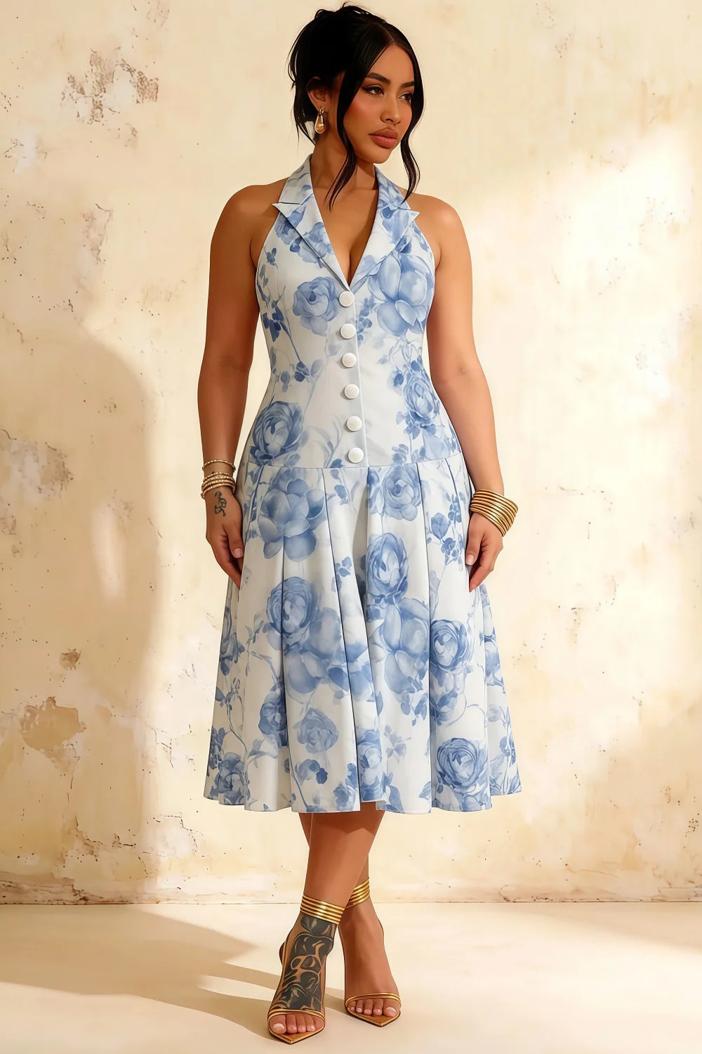 Harper Blue and White Floral V Neck Midi Dress with Drop Waist
