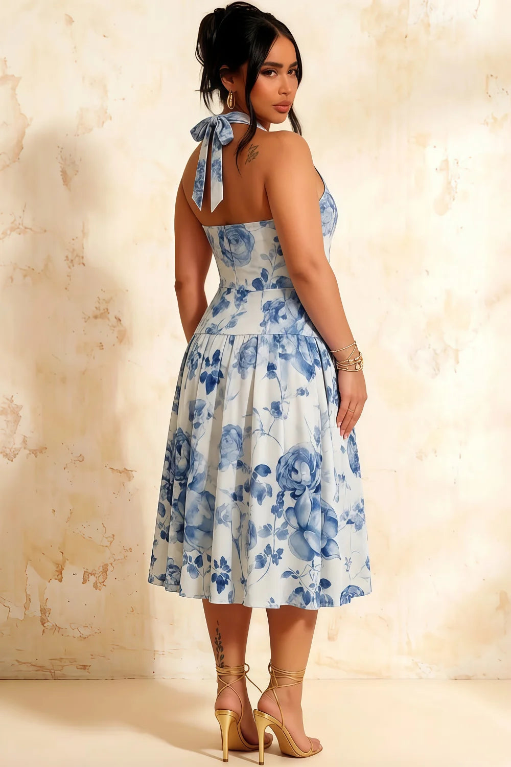 Harper Blue and White Floral V Neck Midi Dress with Drop Waist
