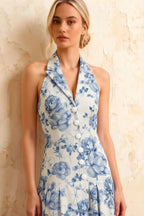 Harper Blue and White Floral V Neck Midi Dress with Drop Waist