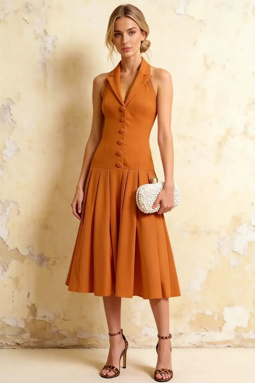Harper Bronze Midi V Neck Dress | Elegant Drop Waist Halter Main image