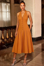 Harper Bronze Midi V Neck Dress | Elegant Drop Waist Halter