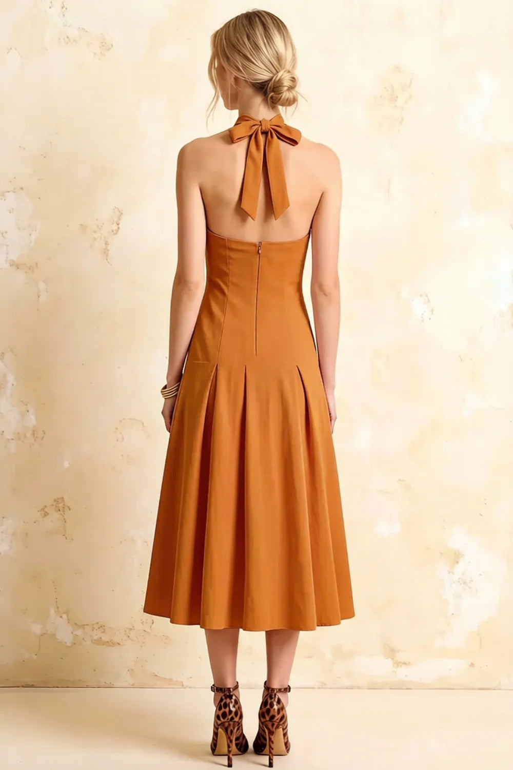 Harper Bronze Midi V Neck Dress | Elegant Drop Waist Halter