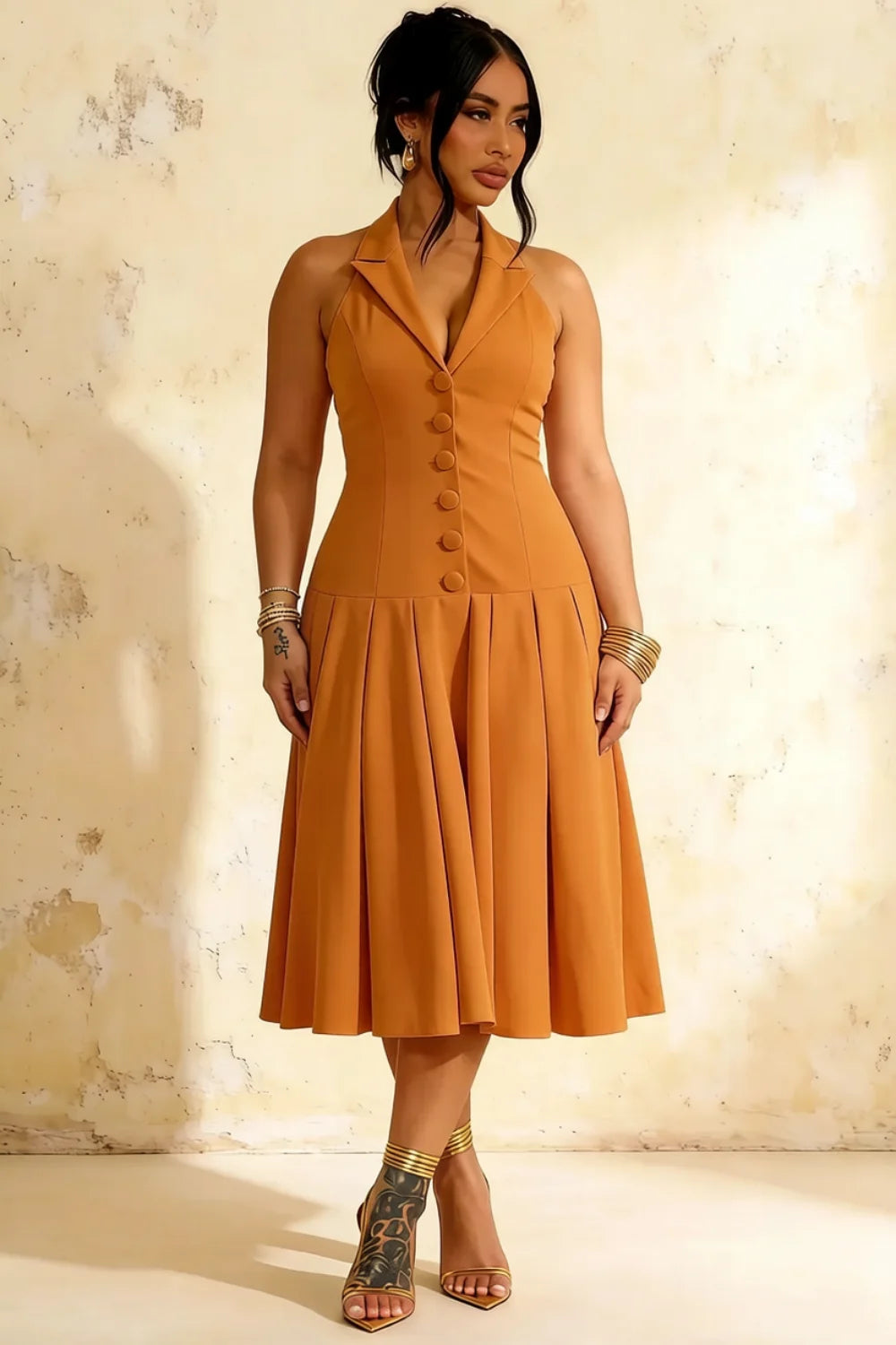 Harper Bronze Midi V Neck Dress | Elegant Drop Waist Halter