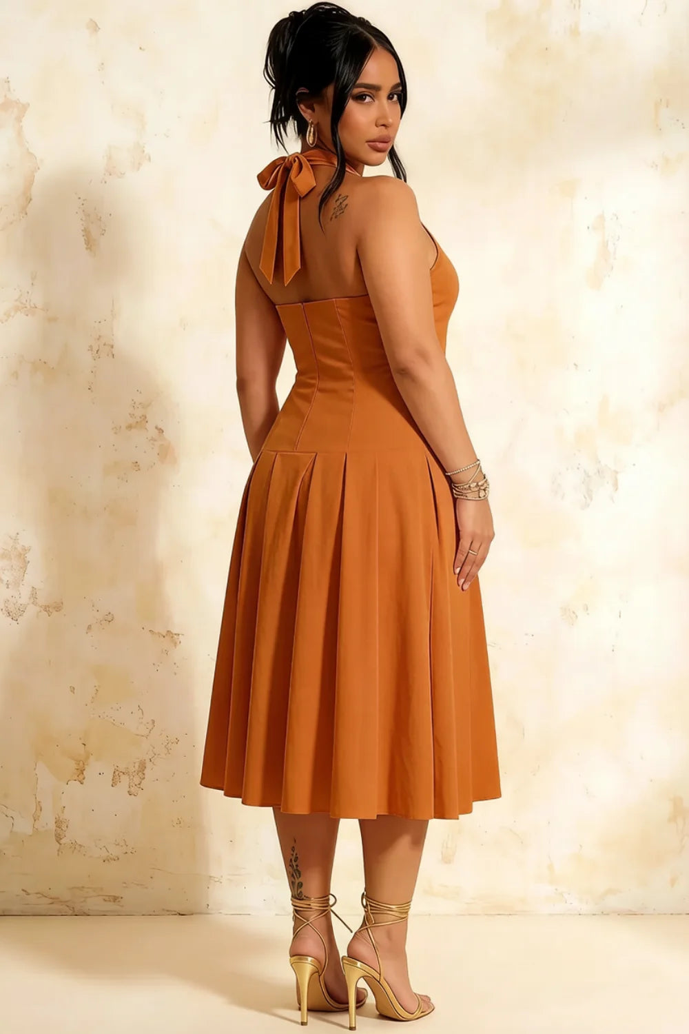 Harper Bronze Midi V Neck Dress | Elegant Drop Waist Halter