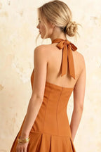 Harper Bronze Midi V Neck Dress | Elegant Drop Waist Halter