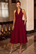 Harper Burgundy V Neck Midi Dress with Drop Waist