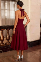 Harper Burgundy V Neck Midi Dress with Drop Waist