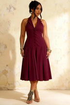 Harper Burgundy V Neck Midi Dress with Drop Waist