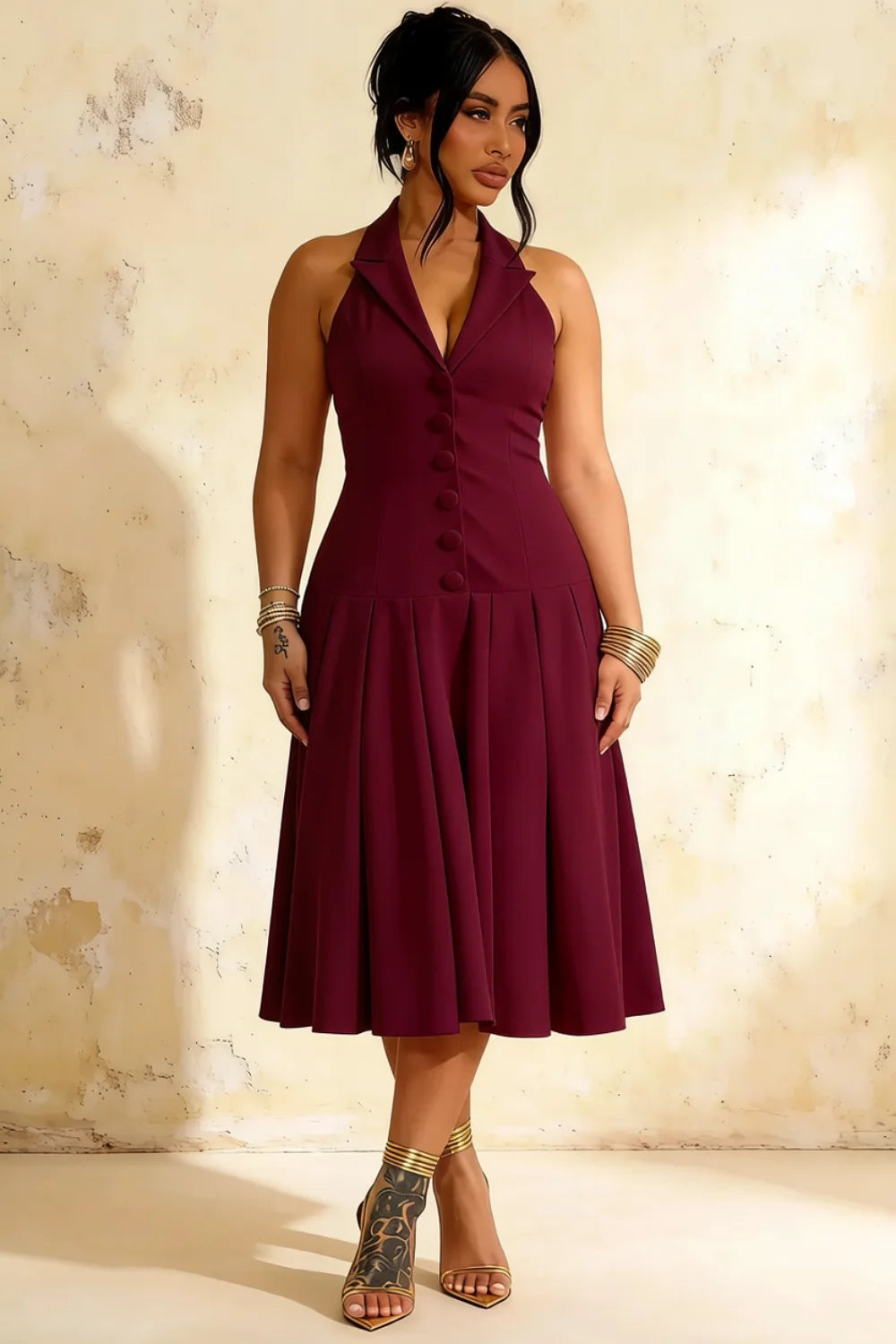 Harper Burgundy V Neck Midi Dress with Drop Waist