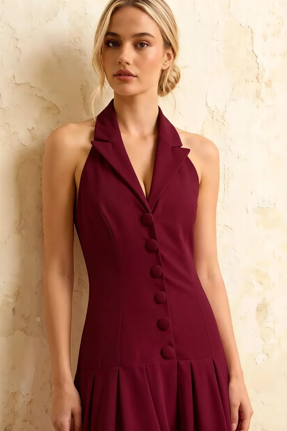 Harper Burgundy V Neck Midi Dress with Drop Waist