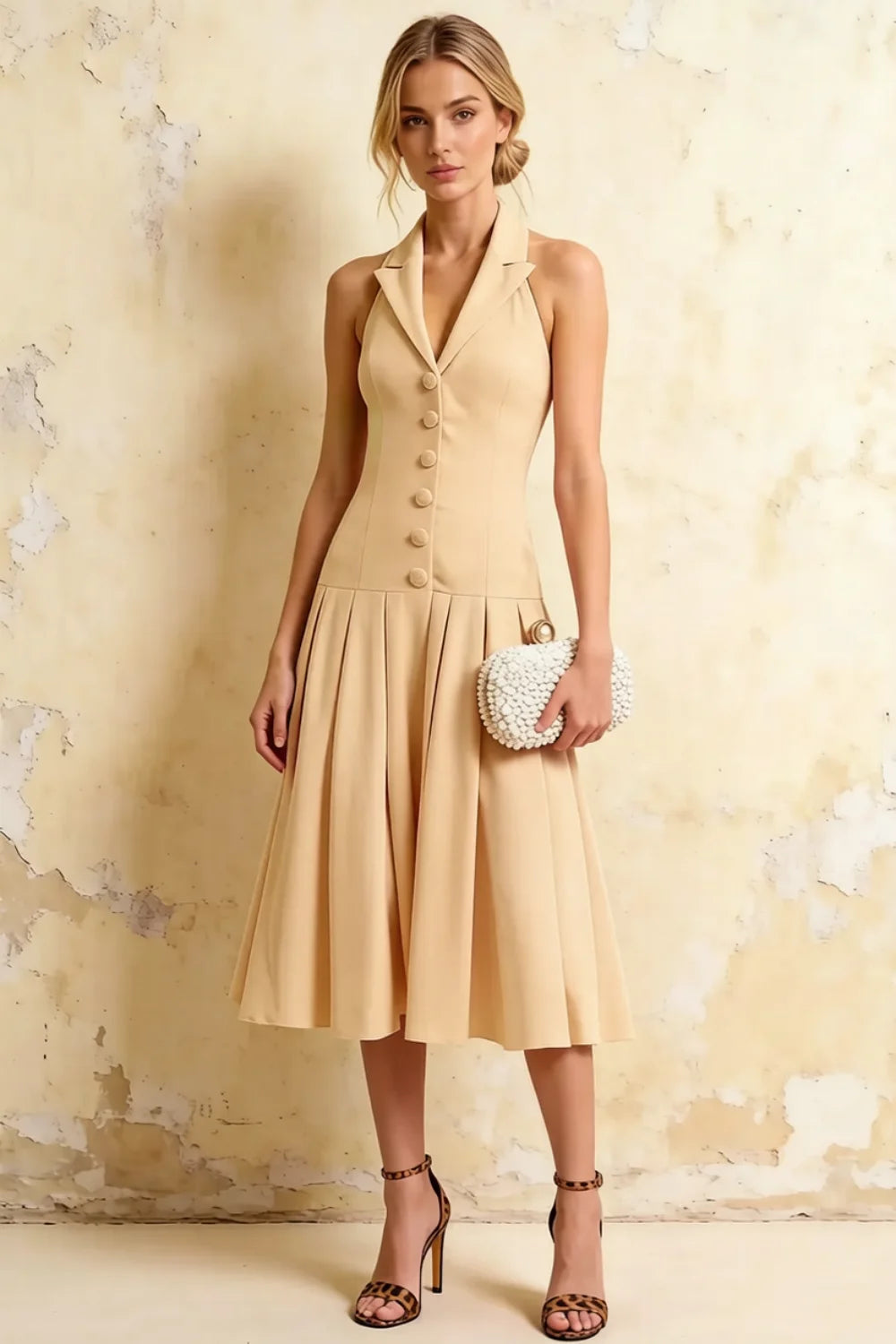 Harper Champagne V Neck Halter Backless Midi Dress Main image