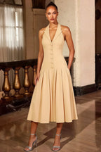 Harper Champagne V Neck Halter Backless Midi Dress