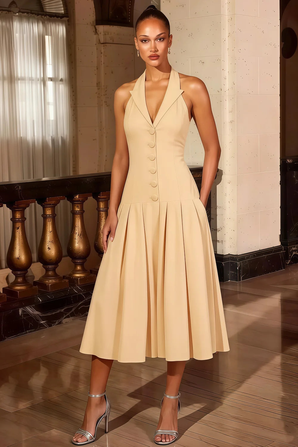 Harper Champagne V Neck Halter Backless Midi Dress