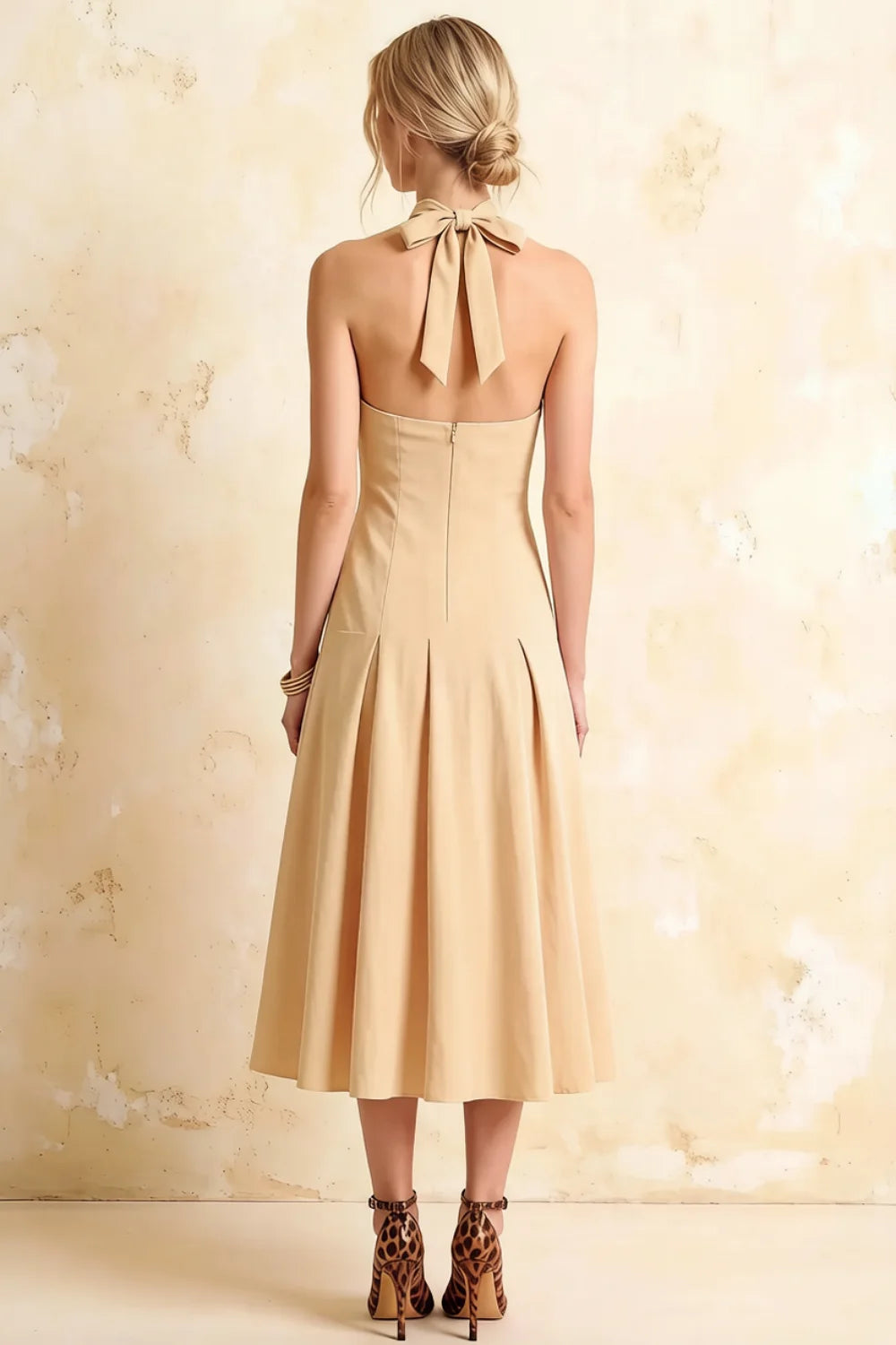 Harper Champagne V Neck Halter Backless Midi Dress