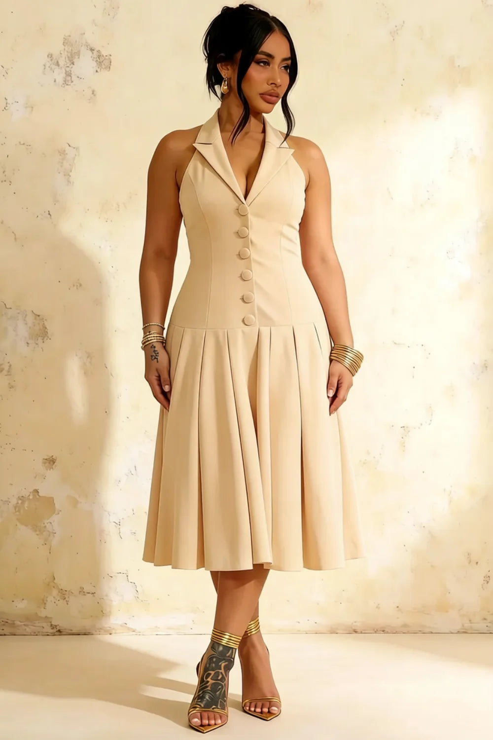 Harper Champagne V Neck Halter Backless Midi Dress