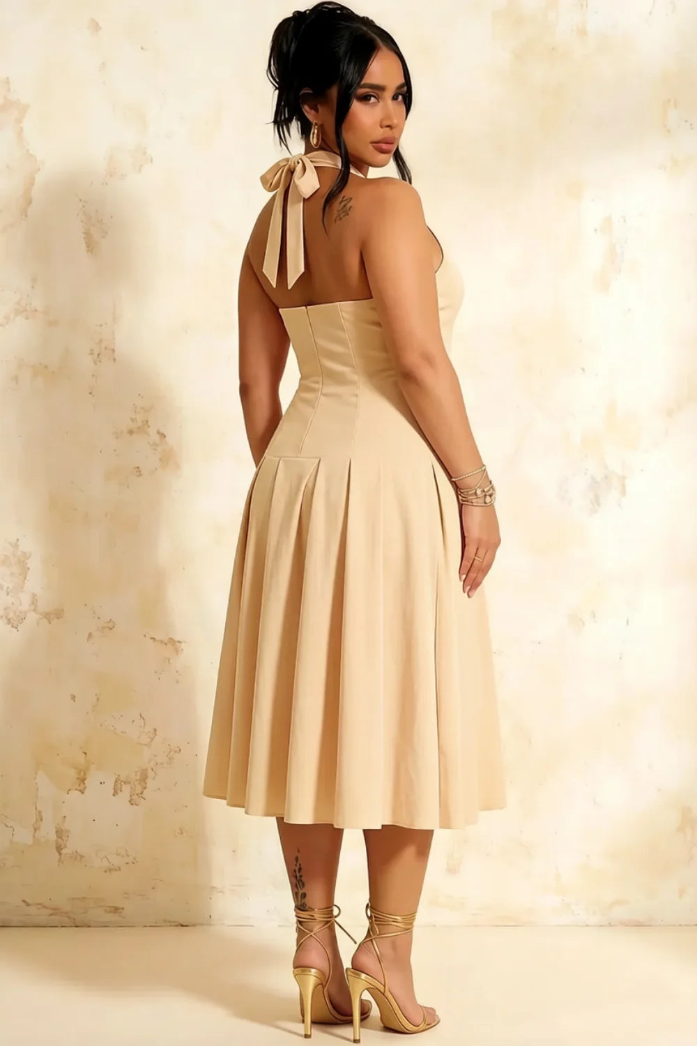 Harper Champagne V Neck Halter Backless Midi Dress