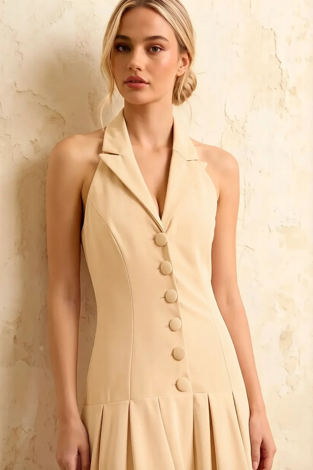 Harper Champagne V Neck Halter Backless Midi Dress