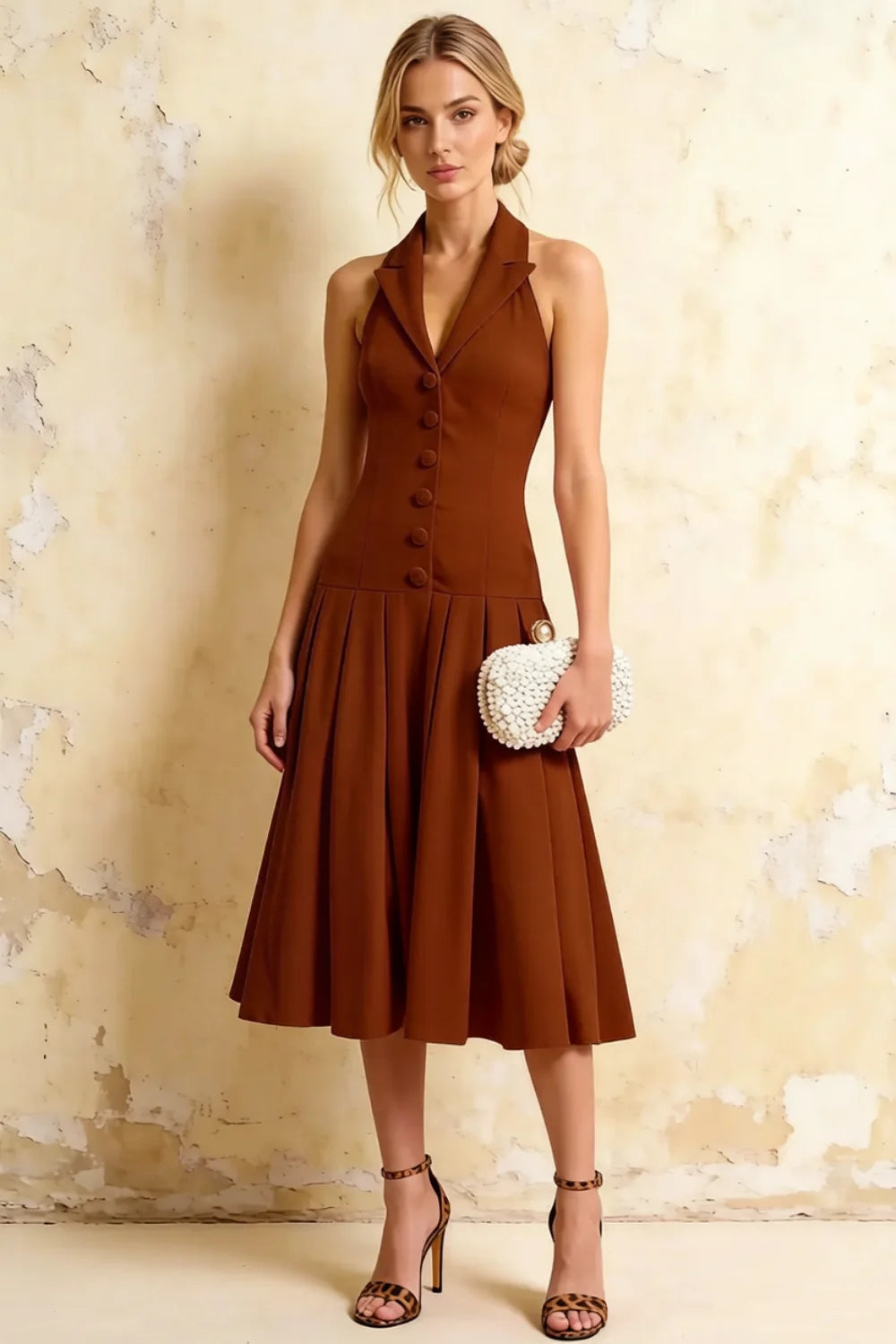 Harper Chocolate V Neck Halter Midi Dress