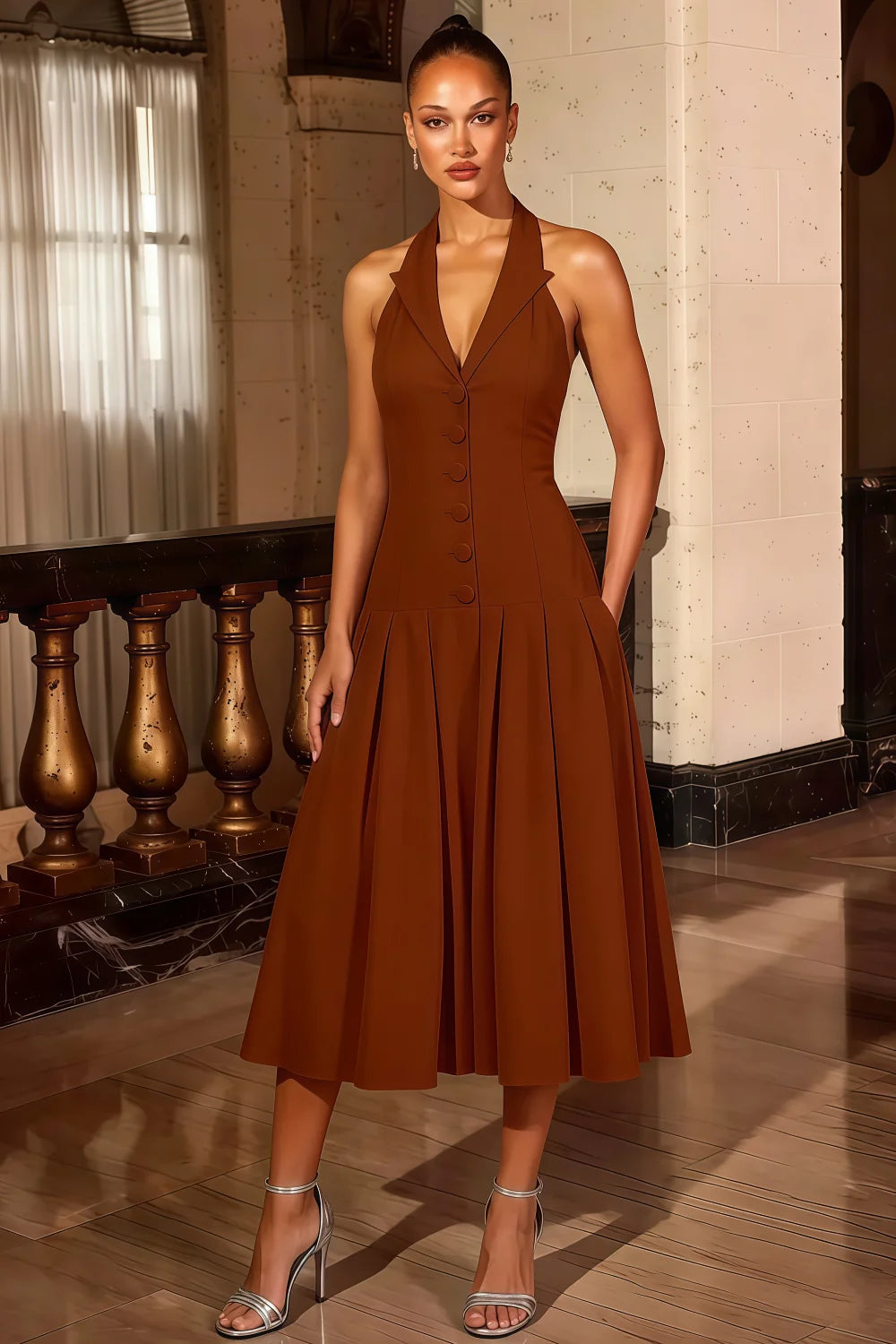 Harper Chocolate V Neck Halter Midi Dress