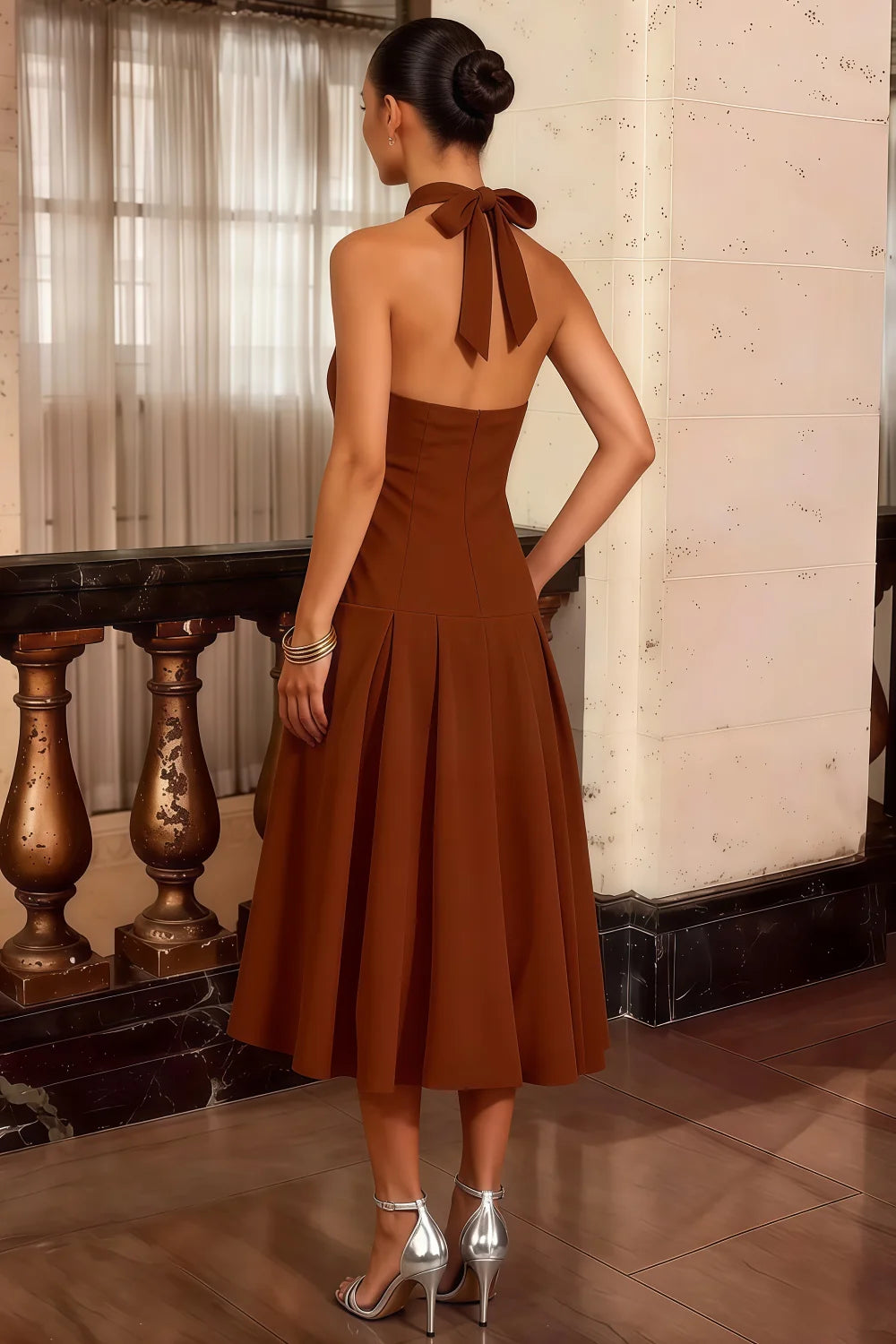 Harper Chocolate V Neck Halter Midi Dress