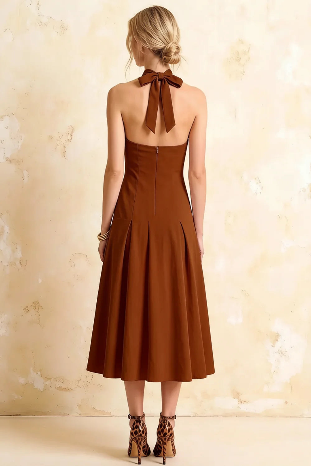 Harper Chocolate V Neck Halter Midi Dress