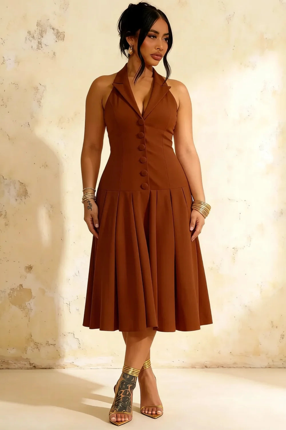 Harper Chocolate V Neck Halter Midi Dress