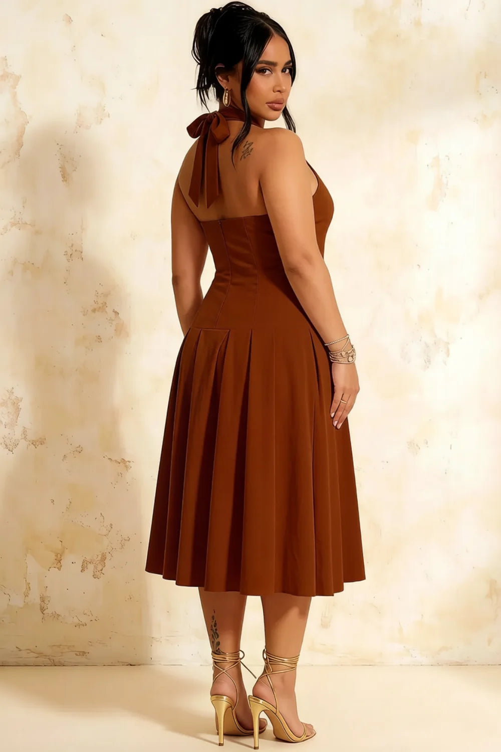 Harper Chocolate V Neck Halter Midi Dress