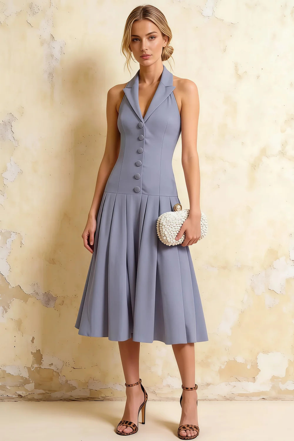 Harper Dusty Blue V Neck Midi Dress Wedding Guest