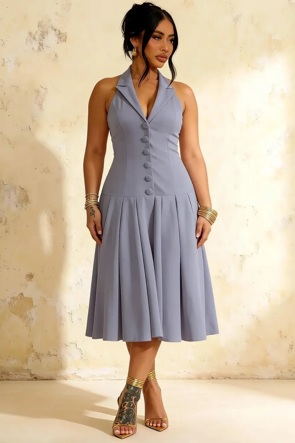 Harper Dusty Blue V Neck Midi Dress Wedding Guest