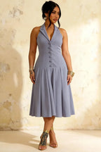 Harper Dusty Blue V Neck Midi Dress Wedding Guest