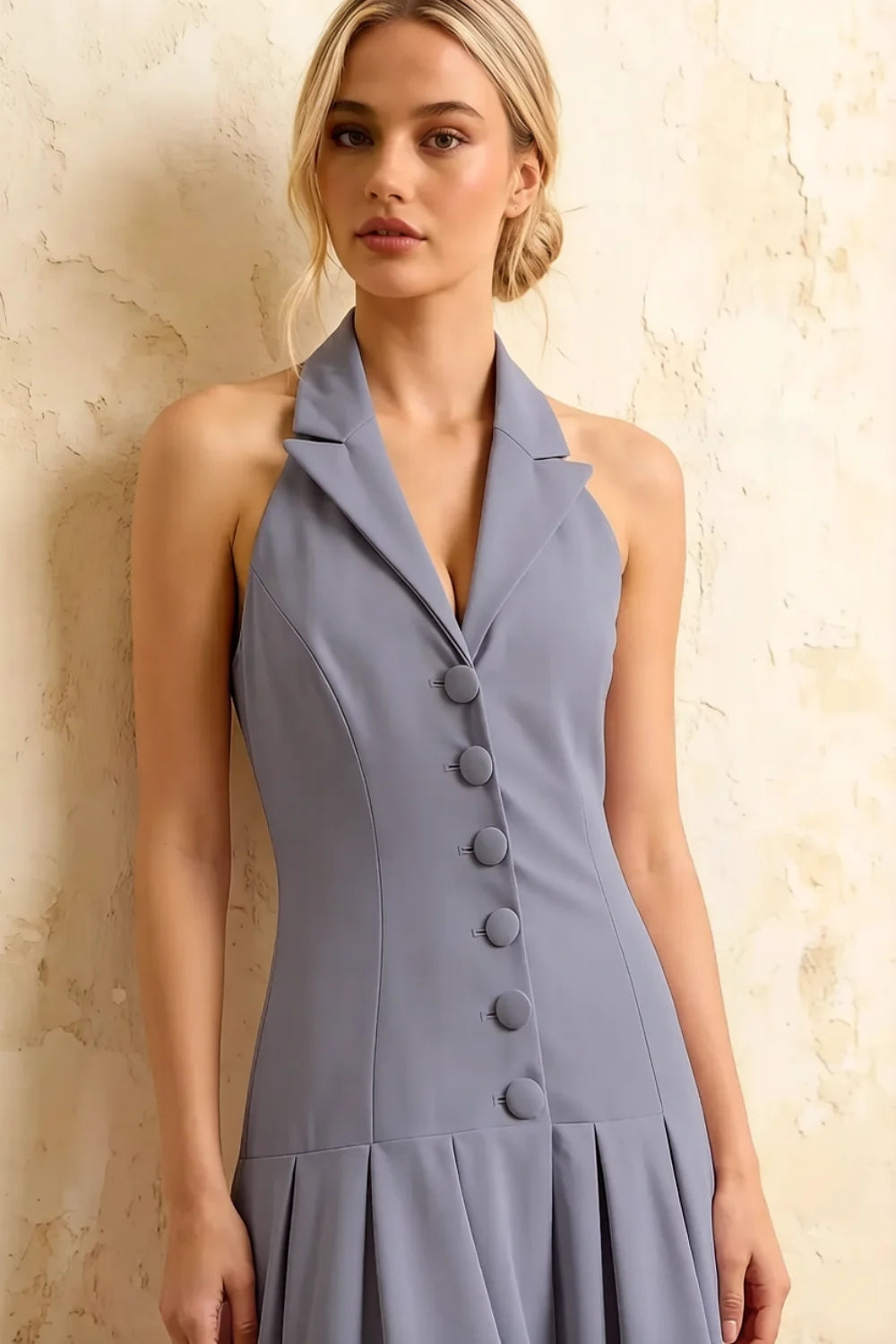 Harper Dusty Blue V Neck Midi Dress Wedding Guest