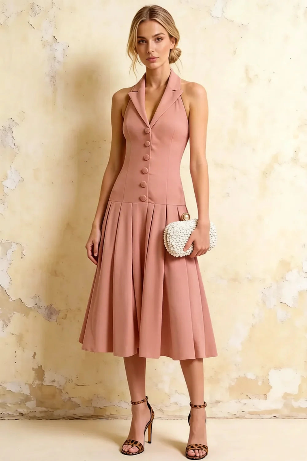 Harper Dusty Rose Midi V Neck Dresses with Drop Waist