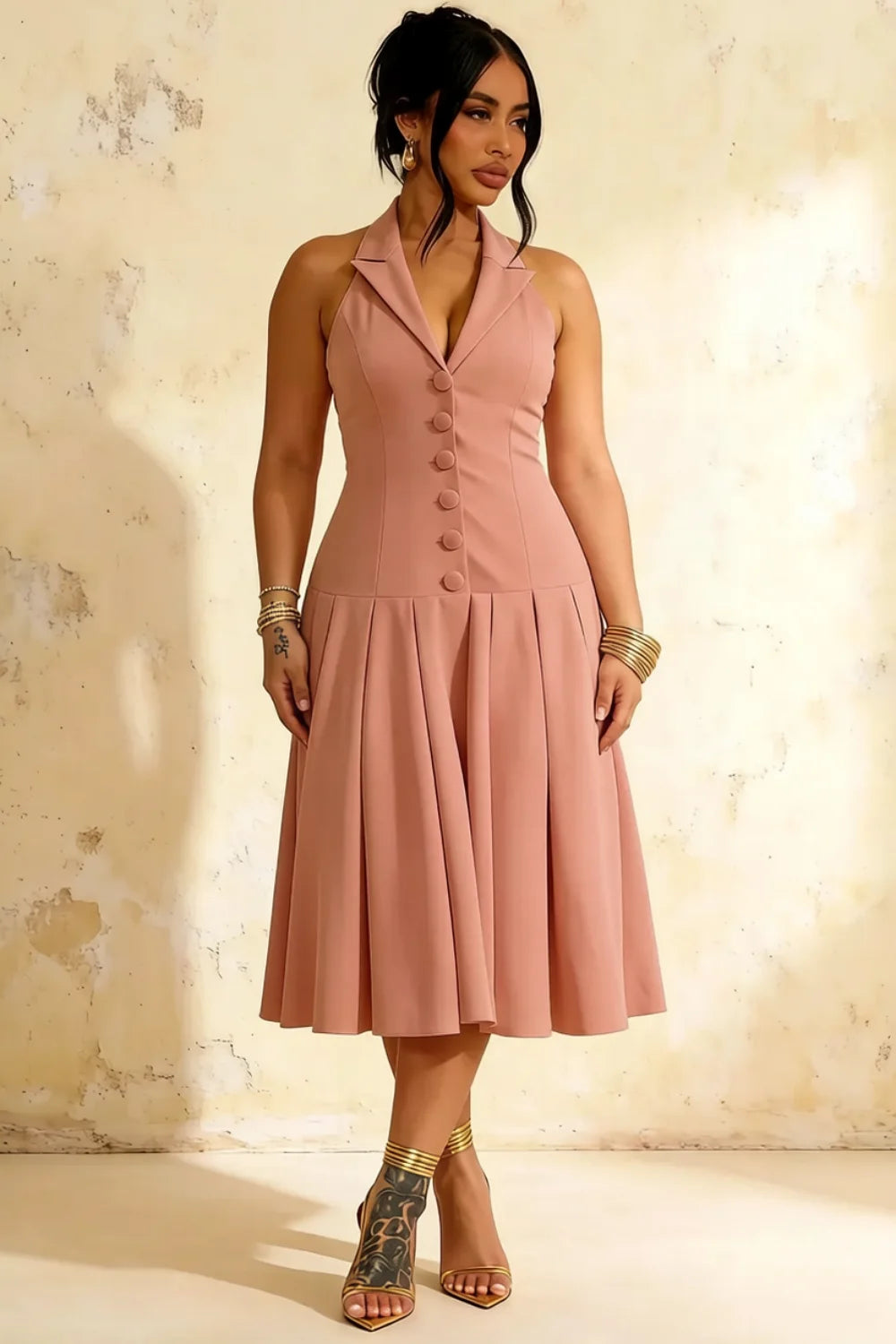 Harper Dusty Rose Midi V Neck Dresses with Drop Waist