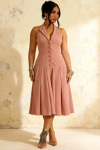 Harper Dusty Rose Midi V Neck Dresses with Drop Waist