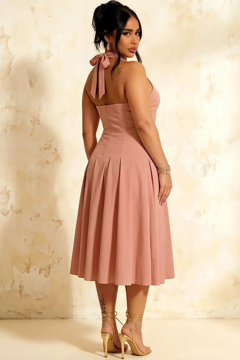 Harper Dusty Rose Midi V Neck Dresses with Drop Waist