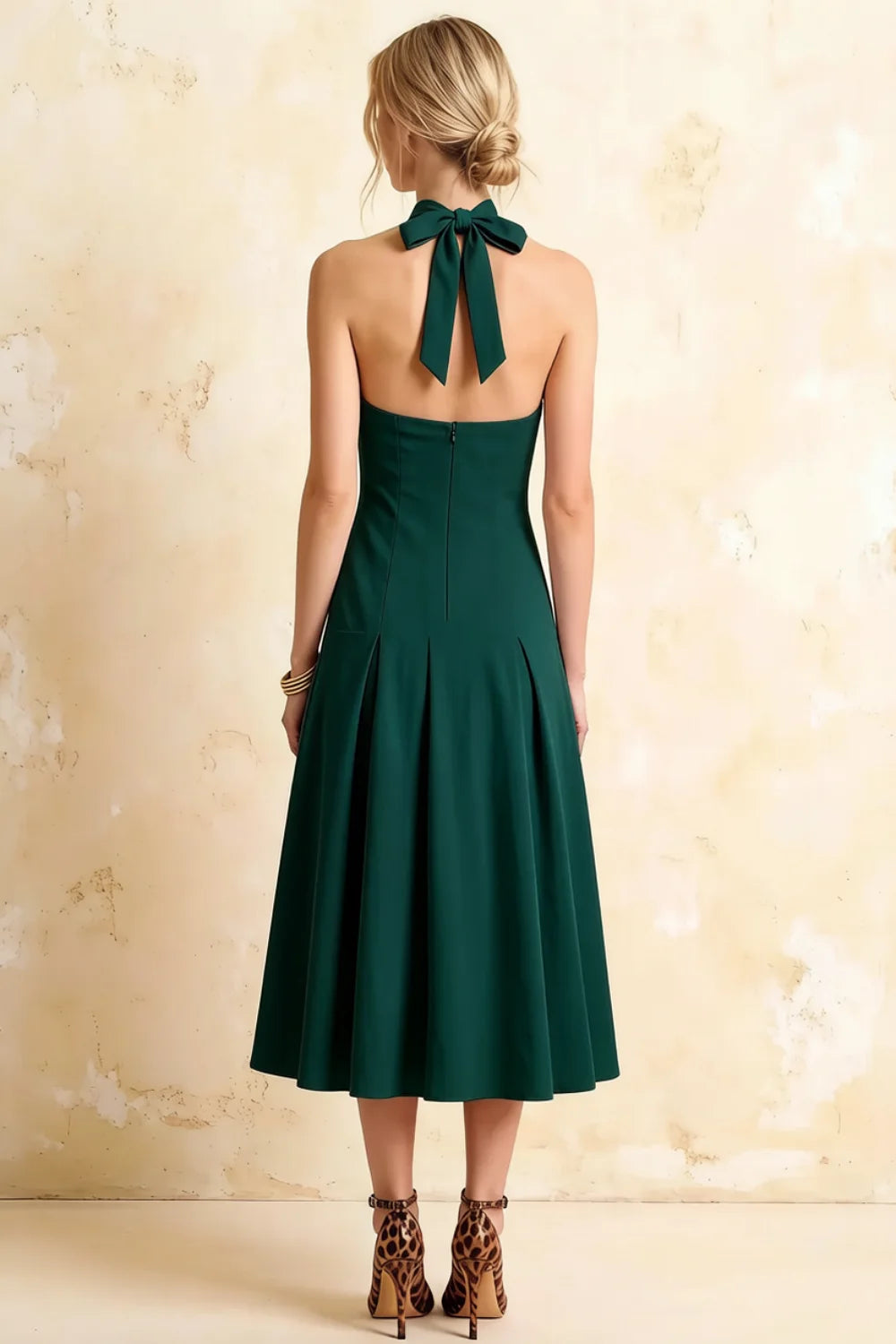 Harper Emerald Green V Neck A Line Midi Dress with Drop Waist