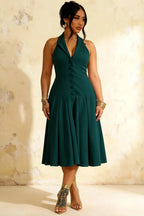 Harper Emerald Green V Neck A Line Midi Dress with Drop Waist