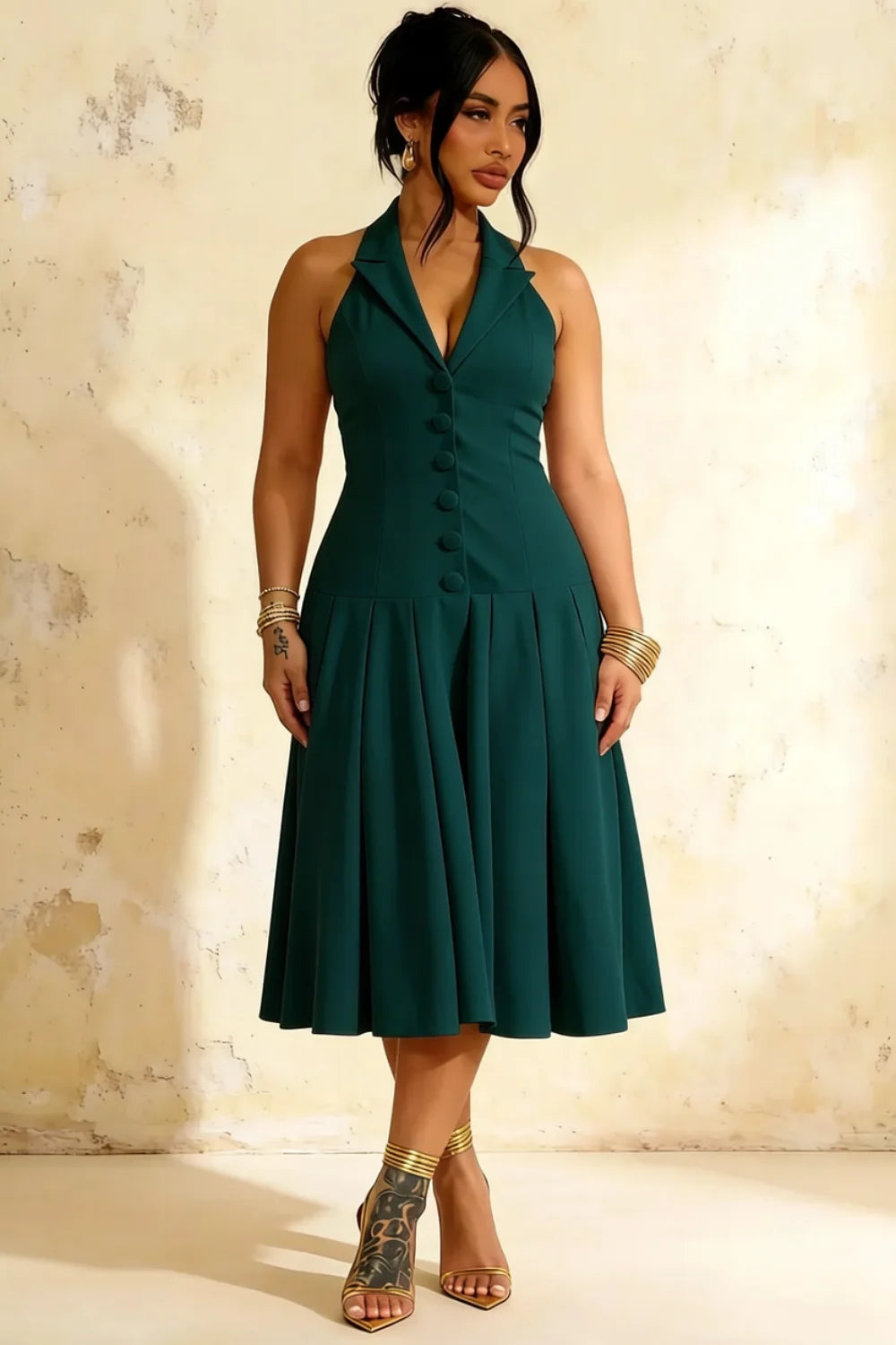 Harper Emerald Green V Neck A Line Midi Dress with Drop Waist