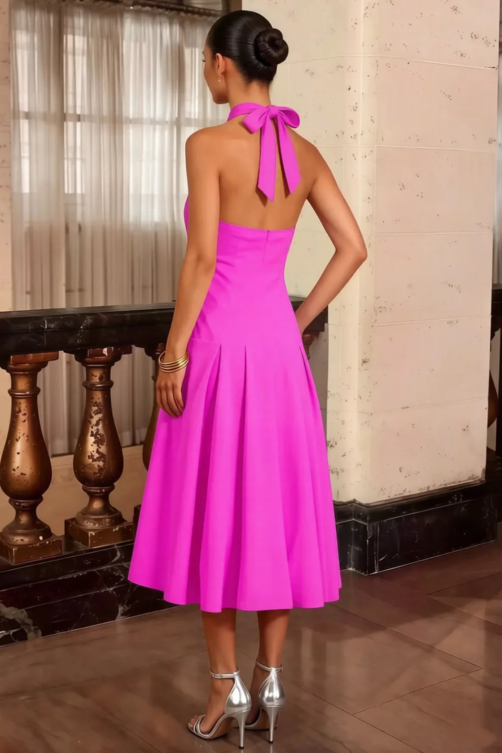 Harper Fuchsia Midi Dress V Neck with Drop Waist