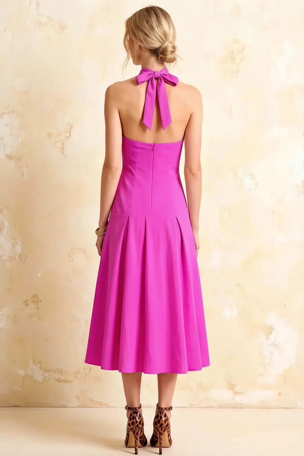 Harper Fuchsia Midi Dress V Neck with Drop Waist