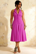 Harper Fuchsia Midi Dress V Neck with Drop Waist