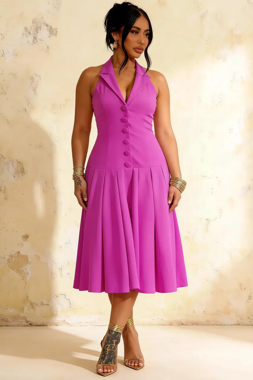Harper Fuchsia Midi Dress V Neck with Drop Waist