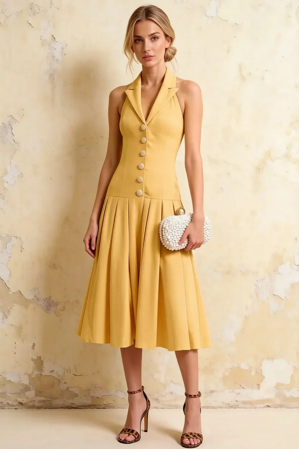 Harper Golden Deep V Neck Midi Dress with Drop Waist