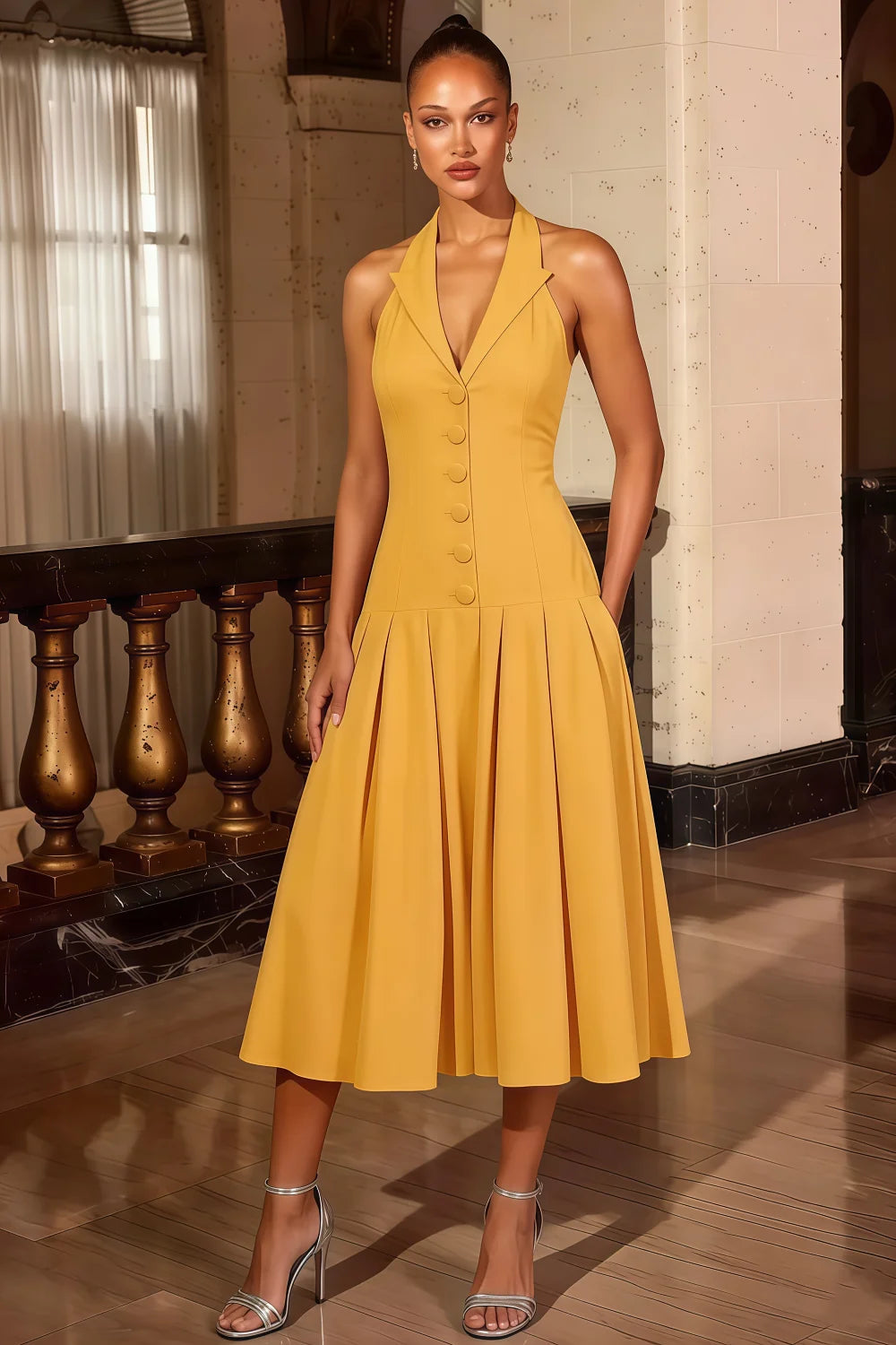 Harper Golden Deep V Neck Midi Dress with Drop Waist