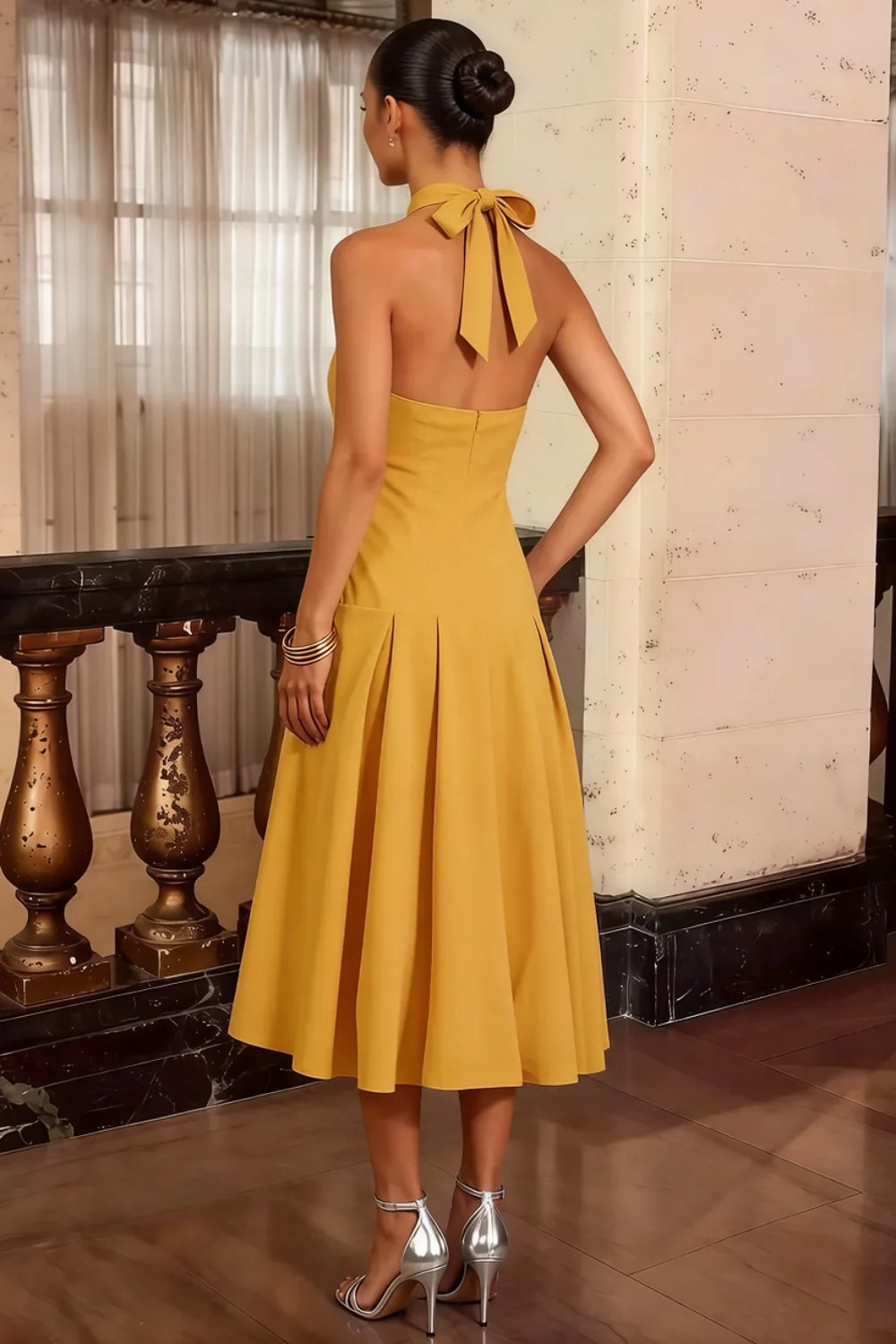 Harper Golden Deep V Neck Midi Dress with Drop Waist
